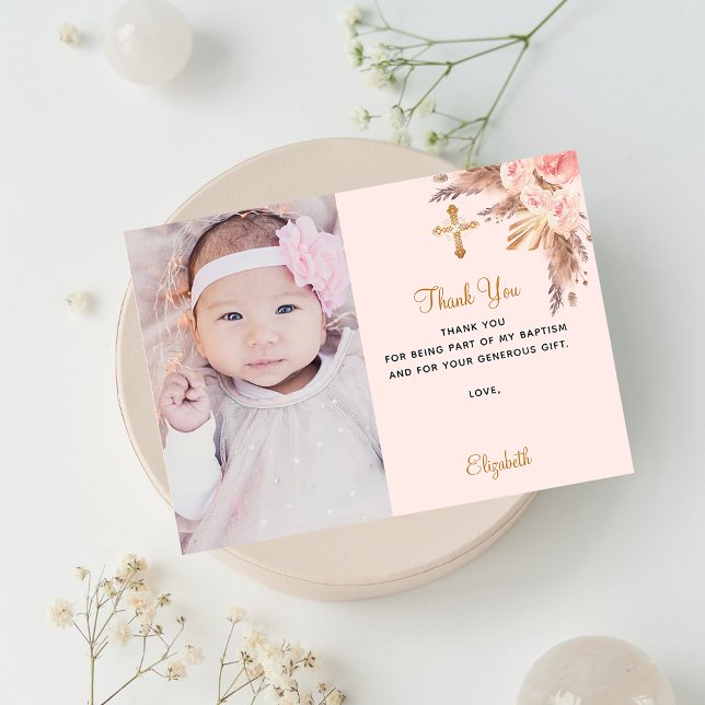 Baptism baby girl pink pampas photo thank you card einladung (Von Creator hochgeladen)