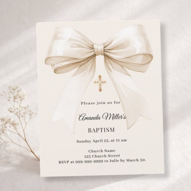 Baptism beige bow elegant invitation (Von Creator hochgeladen)