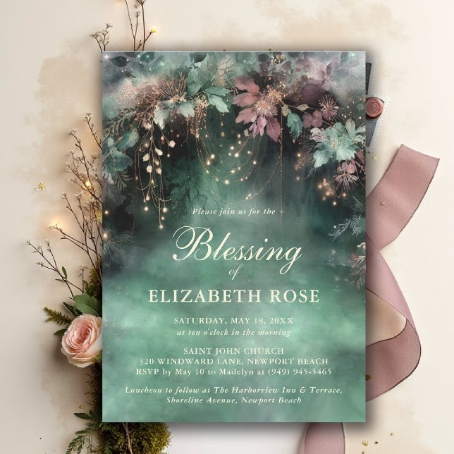 Baptism Blessing Enchanted Forest Garden Botanical Einladung (baptism invitation christening enchanted forest garden botanical greenery emerald gold purple)