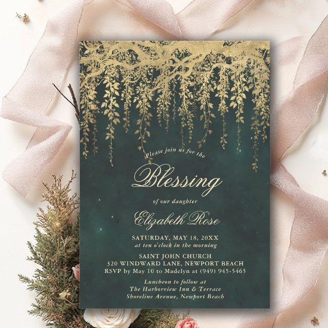 Baptism Blessing Enchanted Garden Fairytale Vines Einladung (baptism invitation christening enchanted forest garden botanical greenery emerald gold vines)