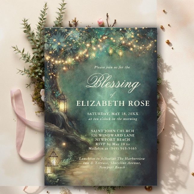 Baptism Blessing Enchanted Garden Forest Landerns Einladung (baptism invitation christening enchanted forest lanterns garden botanical greenery emerald gold)