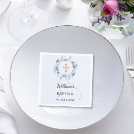 Baptism blue florals wreath boy cross serviette