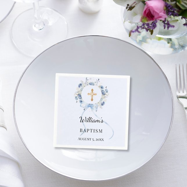 Baptism blue florals wreath boy cross serviette (Von Creator hochgeladen)