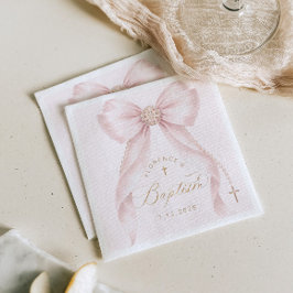 Baptism Blush Pink Bow Pearls Serviette