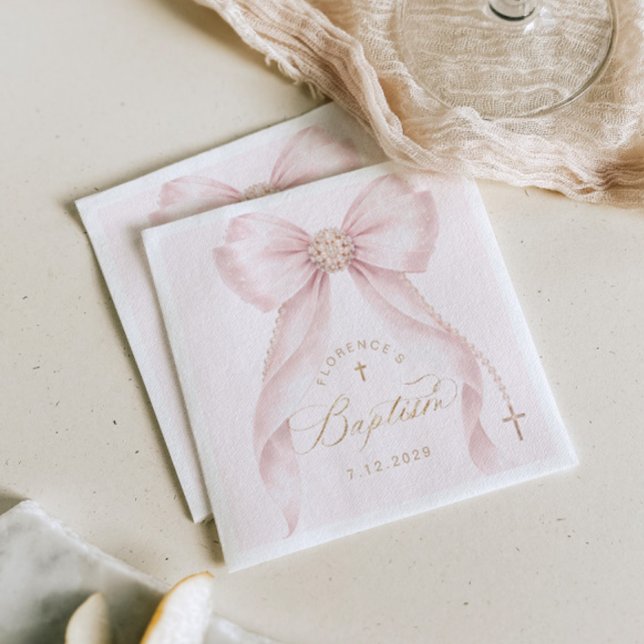 Baptism Blush Pink Bow Pearls Serviette (Von Creator hochgeladen)