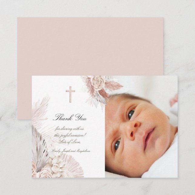 Baptism boho Aquarellfarben Rose danke Karte (Vorne/Hinten)
