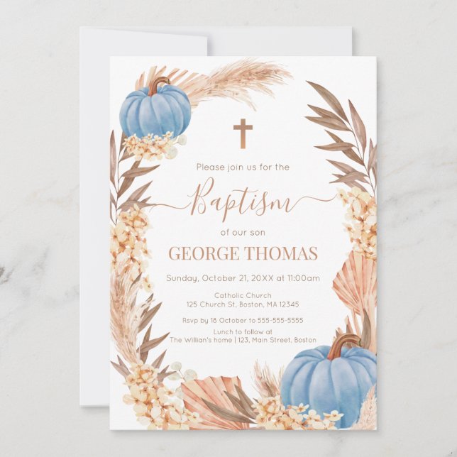 Baptism Boho Pampas arrangement blue Pumpkin Einladung (Vorderseite)