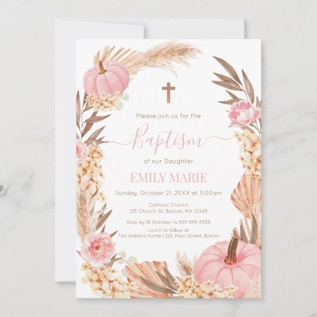 Baptism Boho Pampas Pink Pumpkin Einladung (Vorderseite)