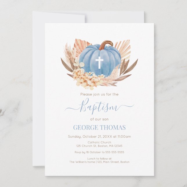 Baptism Boho Pampas Pumpkin blue Einladung (Vorderseite)