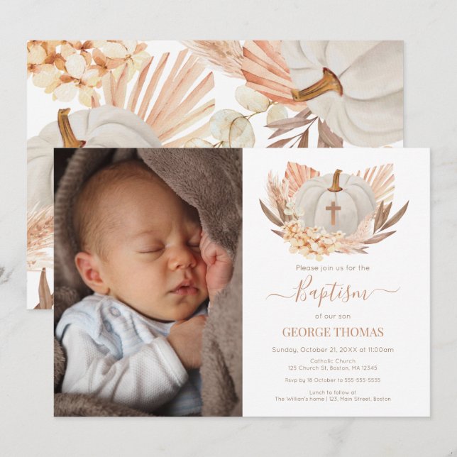 Baptism Boho white Pumpkin Photo Invitation  Einladung (Vorne/Hinten)
