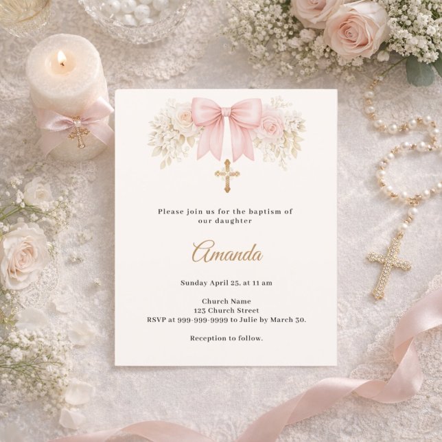 Baptism Bow Blush Pink Florals Cross Invitation (Von Creator hochgeladen)