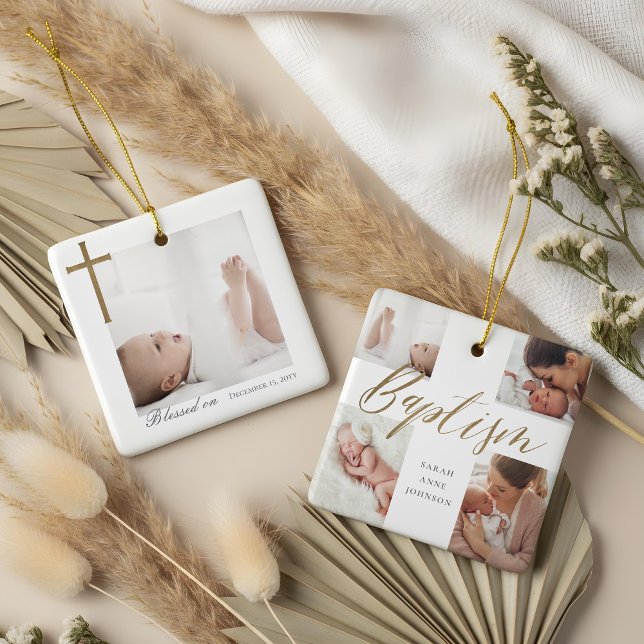 Baptism Calligraphy Photo Collage Baby Keepsake Keramikornament (Baptism Calligraphy Photo Collage Baby Keepsake Ceramic Ornament)