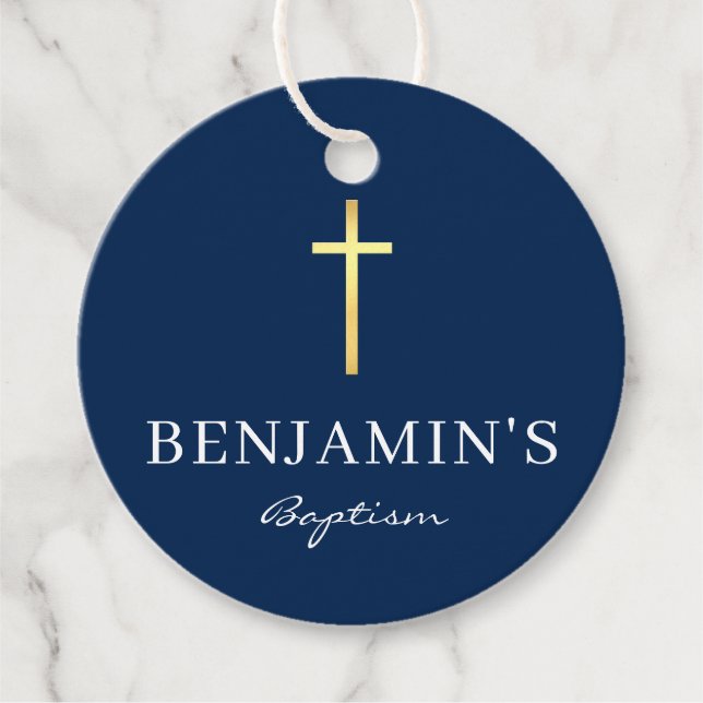 BAPTISM DANK IHNEN modernen Gold Cross Junge blau Geschenkanhänger (Vorderseite)