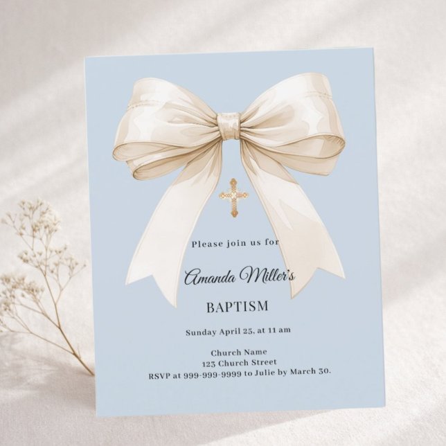 Baptism dusty blue beige bow boy invitation (Von Creator hochgeladen)