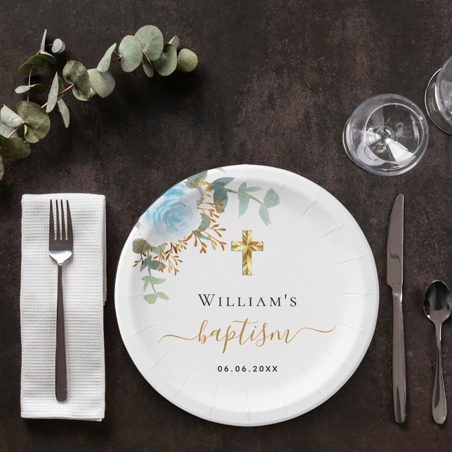 Baptism eucalyptus greenery blue floral boy pappteller (Von Creator hochgeladen)