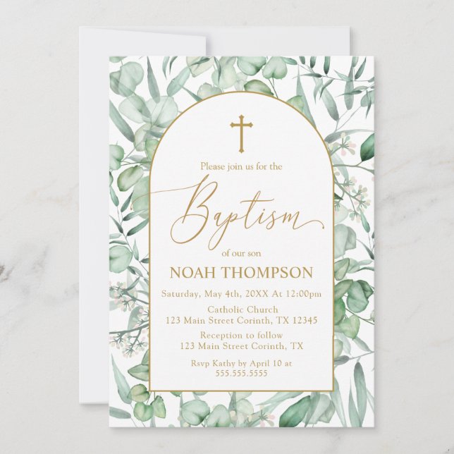 Baptism Eucalyptus leaves Invitation Einladung (Vorderseite)