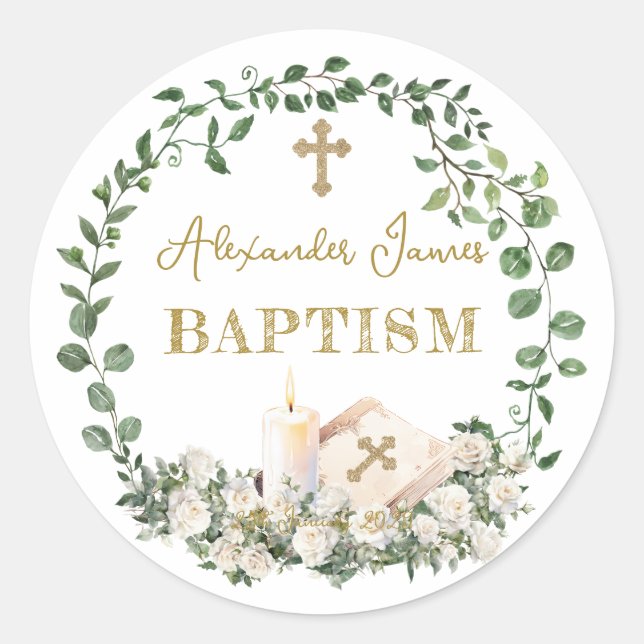 Baptism Eucalyptus Roses Cross  Runder Aufkleber (Vorderseite)