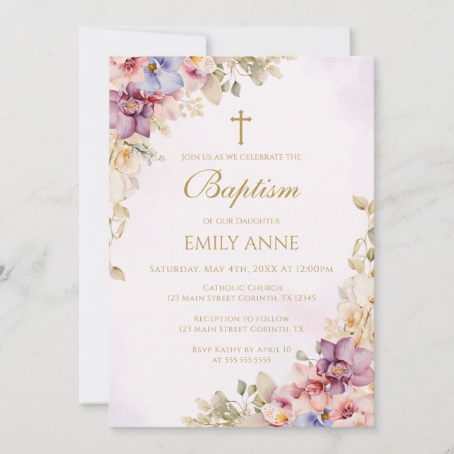 Baptism Floral Orchids Invitation Einladung (Vorderseite)