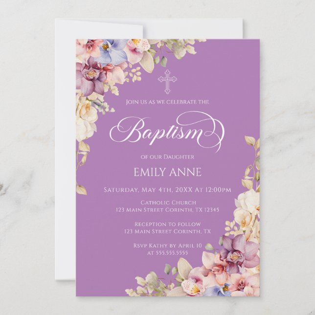 Baptism Floral Orchids purple Invitation Einladung (Vorderseite)