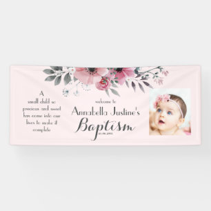 BAPTISM Foto Hübsch Pink Grey Floral Event Party Banner