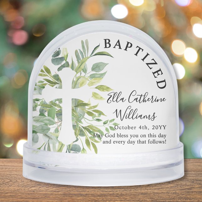 Baptism Greenery Floral Botanical Cross Custom Schneekugeln (Von Creator hochgeladen)