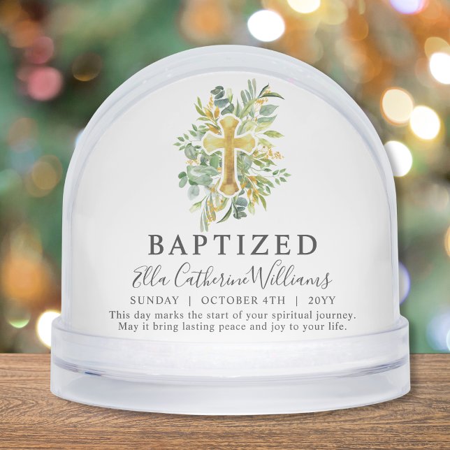 Baptism Greenery Floral Gold Cross Custom  Schneekugeln (Von Creator hochgeladen)