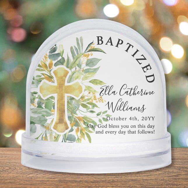 Baptism Greenery Floral Gold Cross Custom Schneekugeln (Von Creator hochgeladen)