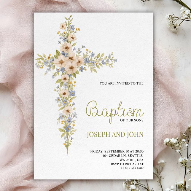 Baptism invitation card featuring a floral cross  einladung (Von Creator hochgeladen)