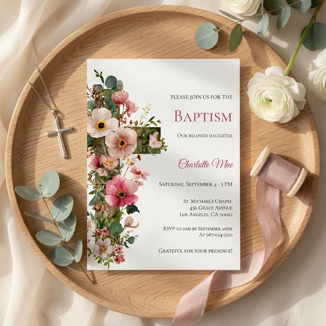 Baptism Invitation Floral Cross Watercolor (Von Creator hochgeladen)