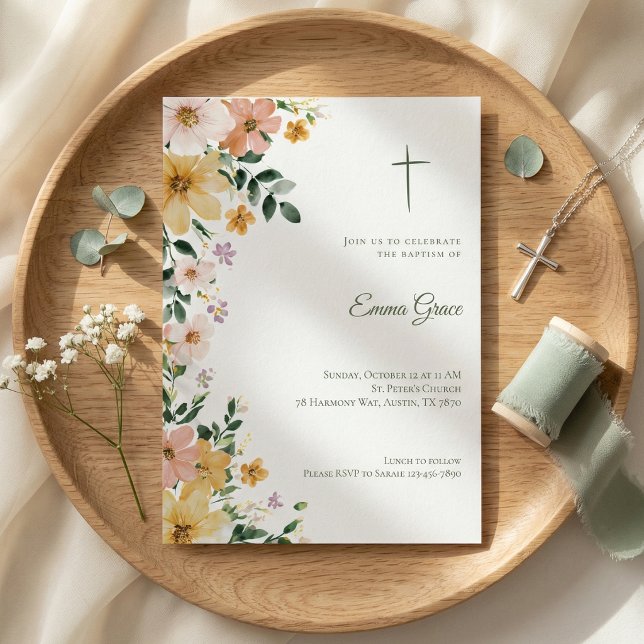 Baptism Invitation Floral Cross Watercolor (Von Creator hochgeladen)