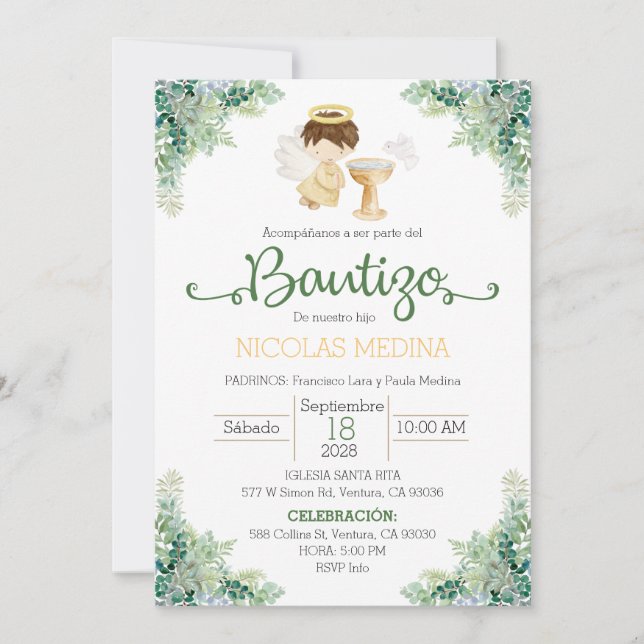 Baptism Invitation Spanish boy greenery  Einladung (Vorderseite)