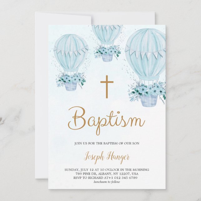 Baptism invitation with blue hot air balloon  einladung (Vorderseite)