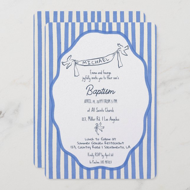 Baptism invitation with doves blue pinstripes einladung (Vorne/Hinten)