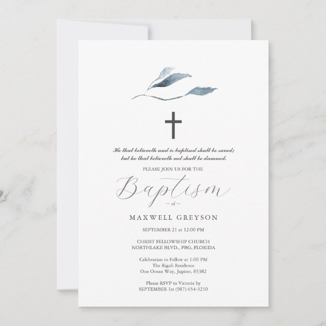 Baptism Invitations Dusty Blue Botanicals  Einladung (Vorderseite)