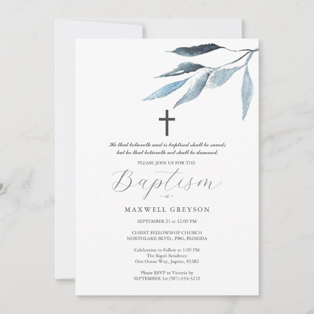 Baptism Invitations Dusty Blue Botanicals  Einladung (Vorderseite)