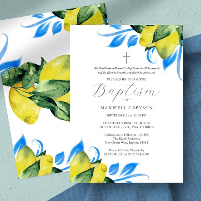 Baptism Lemon Foliage Religious Italian Blue Einladung (baptism invitation lemons Italian blue tile watercolor botanical art by Victoria Grigaliunas)