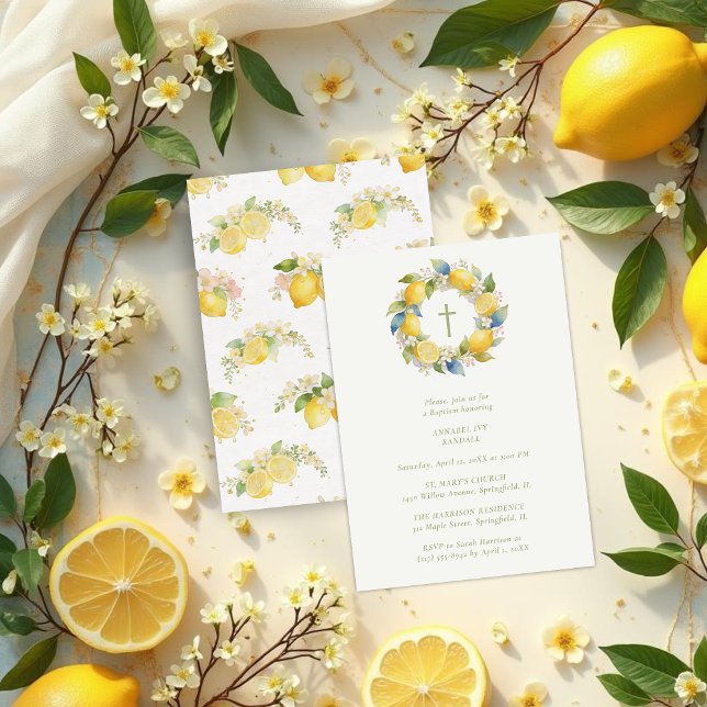 Baptism Mediterranean Wreath with Floral and Lemon Einladung (Baptism Mediterranean Wreath with Floral and Lemons Invitation Card Design. )