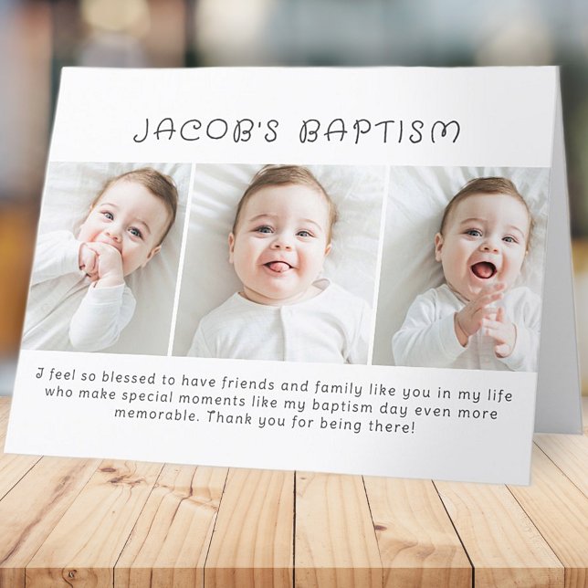 Baptism Modern Simple Chic Three Photo Dankeskarte (Von Creator hochgeladen)
