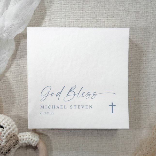 Baptism Modern Simple Dusty Blue God Bless Cross N Serviette (Elegant dusty blue baptism napkins with “God Bless” script, cross, and personalized baby's name.)