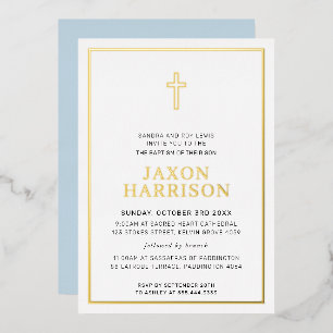 BAPTISM moderne, elegante Crossboy-Babyblau Folieneinladung