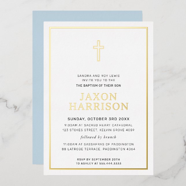 BAPTISM moderne, elegante Crossboy-Babyblau Folieneinladung (Vorderseite/Rückseite)