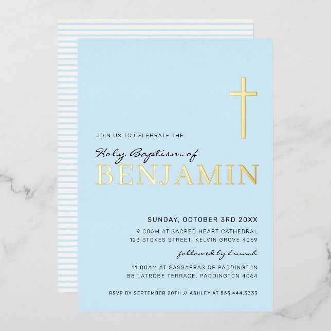 BAPTISM moderne, elegante, kreuz-stilvolle Junge B Folieneinladung (Vorderseite/Rückseite)