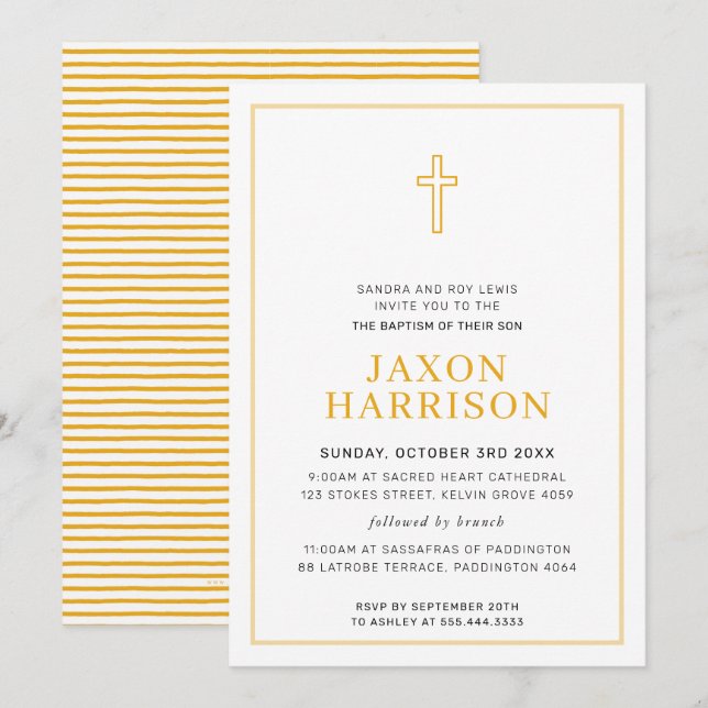 BAPTISM moderne minimale Kreuzung einfache Gelb Einladung (Vorne/Hinten)