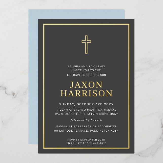 BAPTISM, moderner kleiner, grenzüberschreitender J Folieneinladung (Vorderseite/Rückseite)