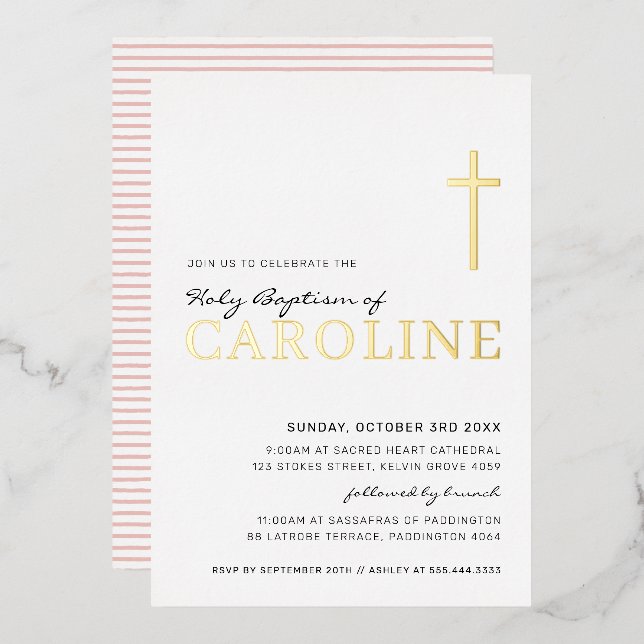 BAPTISM Modernes, hübsches Girl in Rosa Folieneinladung (Vorderseite/Rückseite)