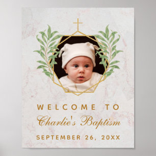 Baptism Photo Greenery Marble Gold Welcome Sign Poster