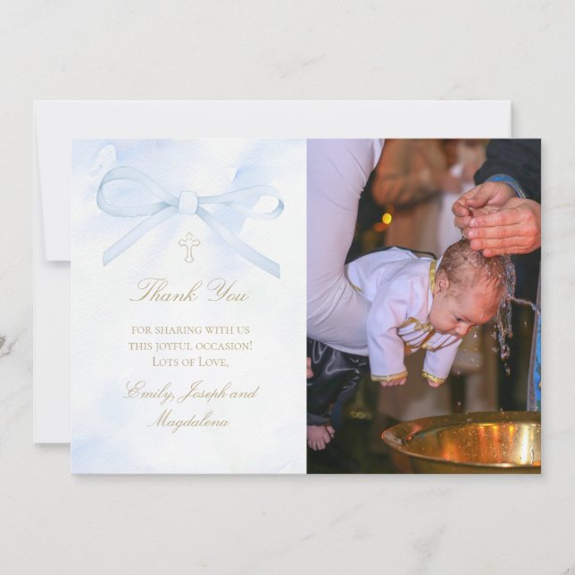 Baptism photo watercolor blue bow thank you card einladung (Vorderseite)