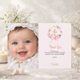 Baptism pink florals bow photo girl thank you card einladung
