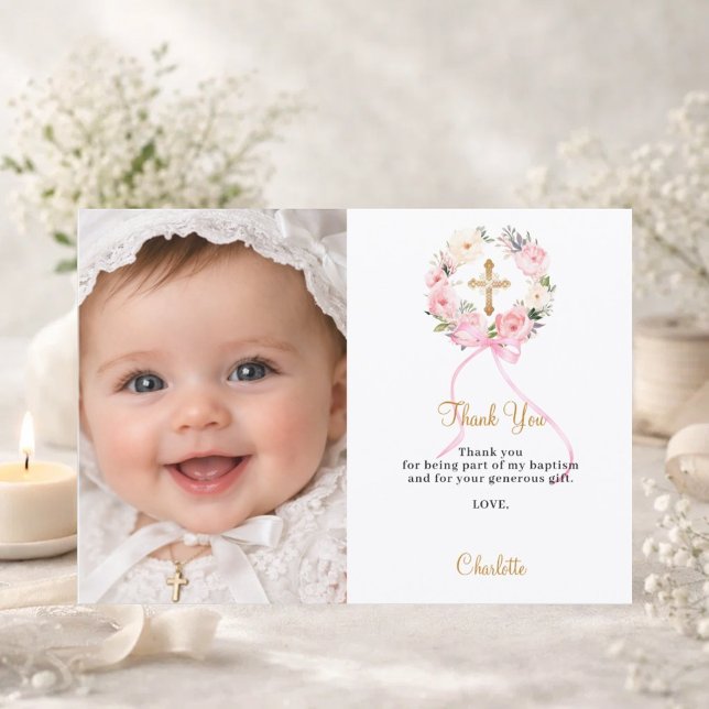 Baptism pink florals wreath bow photo girl dankeskarte (Von Creator hochgeladen)