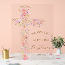 Baptism pink flowers cross welcome clear sign acrylschild